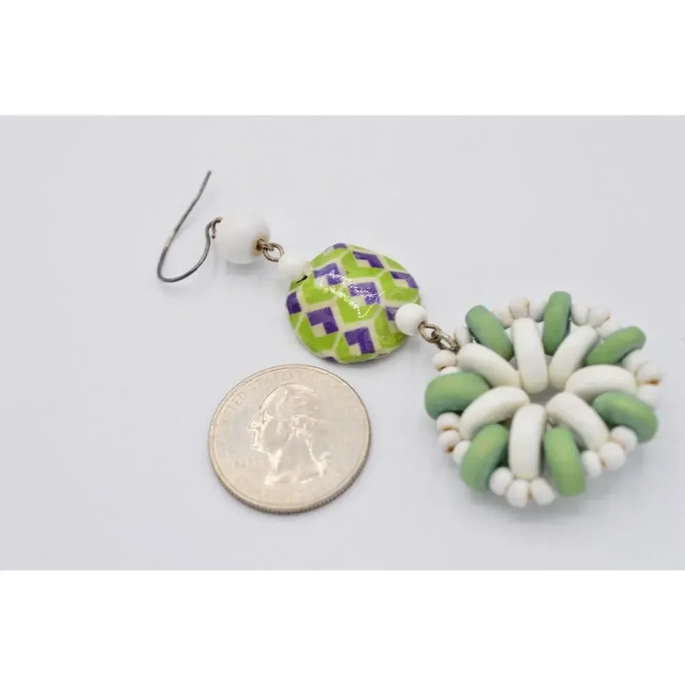 Vintage Statement Earrings Dangle Wooden Beaded Green White Funky 70s 80s 9L